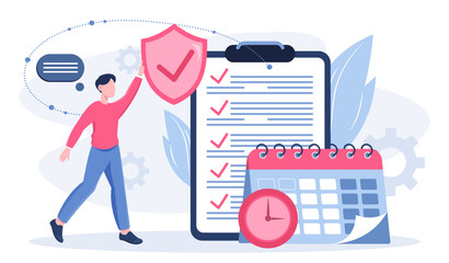 Employee benefits package online. Man near calendar and clipboard. Social benefit for workers and employees. Life protection and insurance. Corporate policy. Flat vector illustration