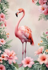Obraz premium Delightful watercolor painting of flamingo and pastel flowers, painting, flamingo, pastel
