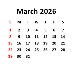 March 2026. Calendar with holydays or red dates. monthly calendar design with week starts on sunday. printable, simple, and clean vector design isolated on white background.