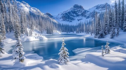 Serene Winter Wonderland: Frozen Lake and Snow-Covered Mountains