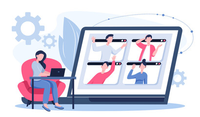 Group video chat. Woman with laptop collaborate with friends. Remote communication and discussion. Collaboration with remote employee and freelancer. Flat vector illustration