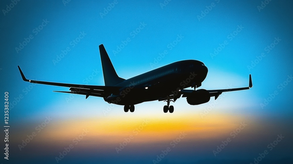 Poster Silhouette of a sleek airplane against a vibrant dusk sky with clean lines and smooth contours. Generative AI