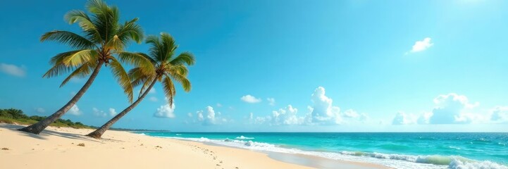 Fototapeta premium Desert sea coast with a few palm trees swaying in the wind against a clear blue summer sky, natural scenery, isolated, sway