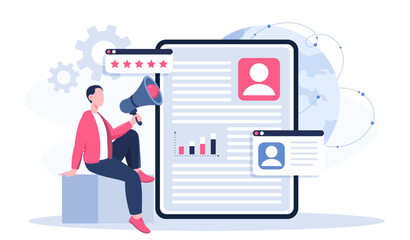 Human resources concept. Man with loudspeaker near resume and employee profile. Headhunting and recruitment, hiring. HR manager evaluates candidate for vacancy. Flat vector illustration