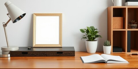 Desk with a picture frame decoration and plants on it, home office inspiration, workspace organization