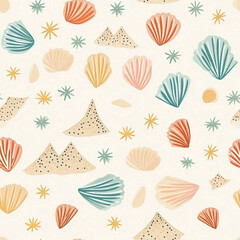 A colorful pattern of shells and stars on a white background