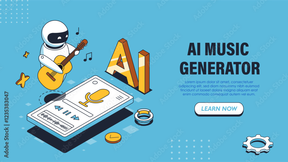 Aufkleber AI music generator poster. Robot with guitar near smartphone with mic. Melodies and songs. Artificial Intelligence and Machine Learning. Landing webpage design. Isometric vector illustration