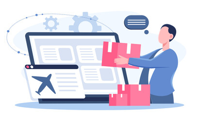 Logistic delivery concept. Man with cardboard box. Shipping and transportation of goods. Business to business deals. International trade and global deals. Flat vector illustration