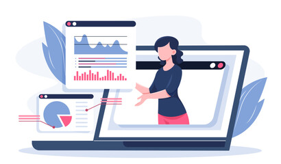 Marketplace online concept. Woman with graphs, charts and diagrams. Online shopping and electronic commerce. Entrepreneur with statistics and infographics. Flat vector illustration