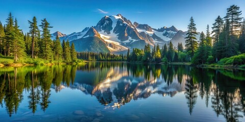 Serene lake surface reflected perfectly the majestic silhouette of Mount Shuksan in the distance, surrounded by lush green forest and towering trees , forest, reflection