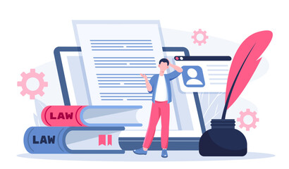 Notary service online. Man near stack of books, pen and articles on tablet. Legal support of agreements and contracts. Justice and judgment. Lawyer and notary. Flat vector illustration