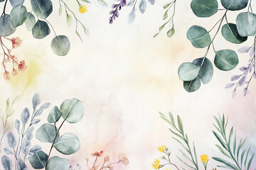 Elegant watercolor botanical design featuring various green leaves and delicate flowers on a soft pastel background