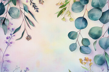 Botanical composition with delicate leaves and flowers on a pastel background for creative design projects