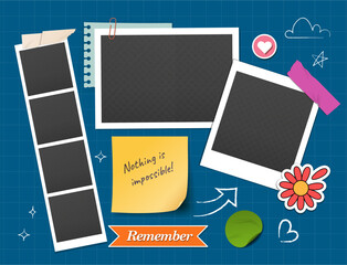 Photo collage concept. Black blank tape reels. Memory and nostalgy, remember. Frames template for pictures and photos. Pack of photography. Flat vector illustration