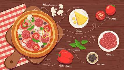 Pizza ingredients poster. Top view at pizza with tomatoes, peppers, cheese and olives. Fast food and takeaway eating. Traditional italian cuisine. Flat vector illustration
