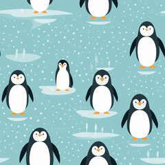 Obraz premium A blue background with a group of penguins standing on ice