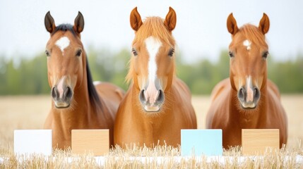 Obraz premium Three chestnut horses resting in field, wheat background; farm animals, equestrian