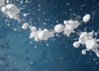 Dynamic composition of white abstract particles on blue, movement, futuristic, contemporary art