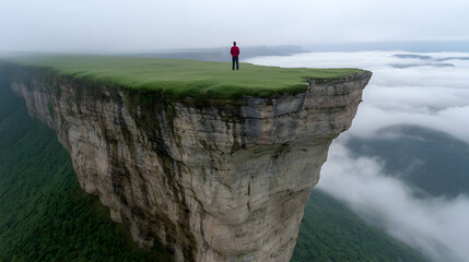 Obraz premium Lone hiker in a red jacket stands on the edge of a massive grassy cliff overlooking a sea of clouds.