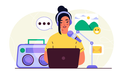 Woman radio presenter. Young girl sits at laptop with microphone. Popular shows, podcast and broadcasting, radio broadcast. Entertainment and fun. Flat vector illustration