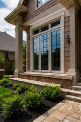 Fototapeta premium Modern House Exterior with Stone Details and Landscaping. Beautiful Home Design, Real Estate Photography