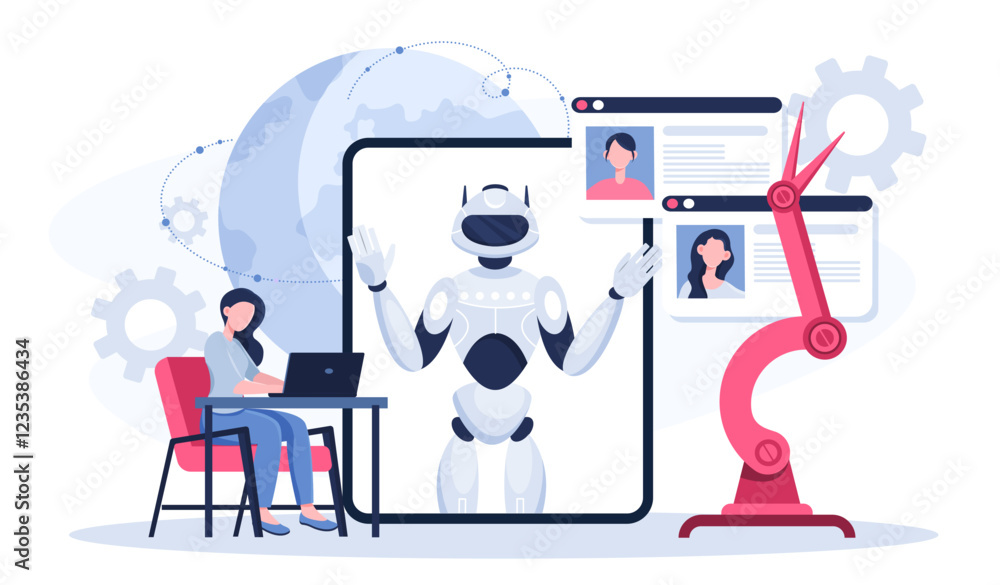Aufkleber robotics school subject online. woman with laptop near robot on tablet screen. modern technologies a
