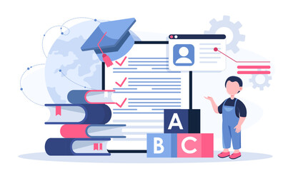 Speech therapist online. Child near stack of books and letter cubes. Education and training for preschoolers. Development of speech skills in children. Flat vector illustration