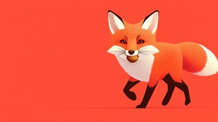 Obraz premium Playful Fox Carrying Acorn in Vibrant Red Background Design