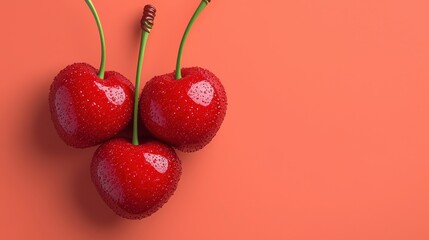 Fresh and Juicy Red Cherries on a Bright Orange Background