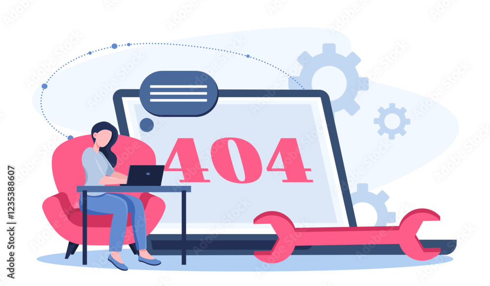Poster woman with 404 error. woman near laptop with wrench. technical problems. error in code, incorrect we