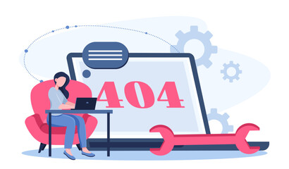 Woman with 404 error. Woman near laptop with wrench. Technical problems. Error in code, incorrect website address. Broken page. Design for webpage. Flat vector illustration