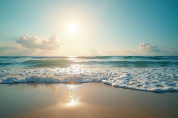 Fototapeta premium Serene sunset over the ocean, waves gently lapping at the shore