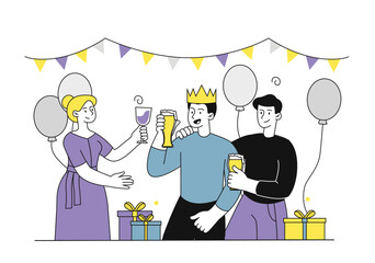 People at birthday party. Guys and woman with glasses of champagne. Friends celebrate together. Party or event. Cheerful people with alcoholic drinks. Linear vector illustration