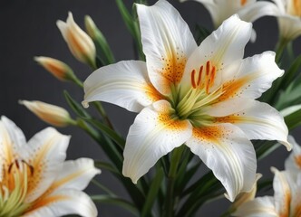 Obraz premium Exquisite white lily with orange polka dots in full bloom, bright accents, close-up shot