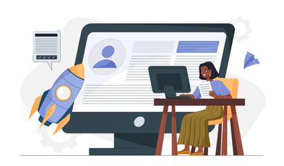 Business boost online. Woman sits at computer near rocket. Aspiring entrepreneur working on business project. Businesswoman with idea at workplace. Flat vector illustration