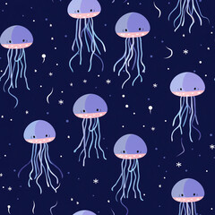 The jellyfish are all different sizes and are scattered throughout the image