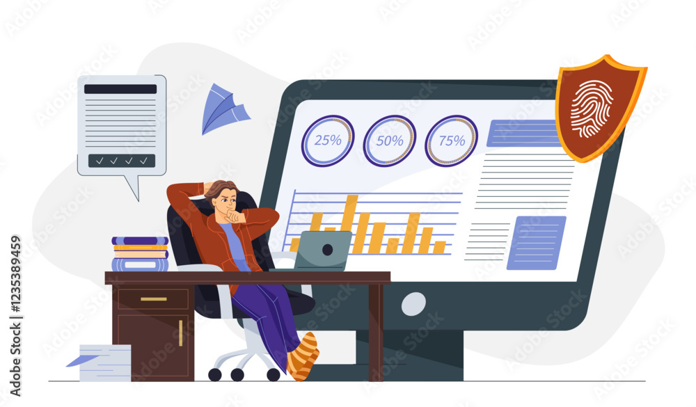 Aufkleber data analyst man. man behind computer screen analyzes graphs and charts. infographics and data visua