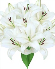 Fototapeta premium Elegant White Lily Bouquet with Delicate Petals and Green Leaves for Floral Decoration and Design Purposes
