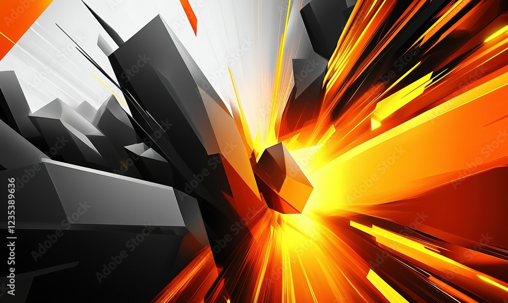 Poster abstract 3d black and orange shards exploding from center, digital art background