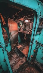 Abandoned train cab interior with open door, rusty controls, and debris