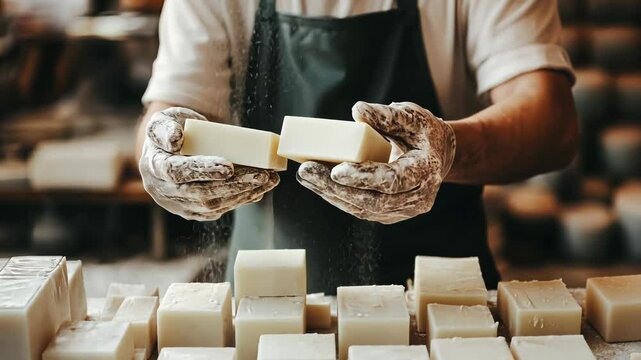 Artisan creates handmade soap in a rustic workshop while surrounded by raw materials and finished products