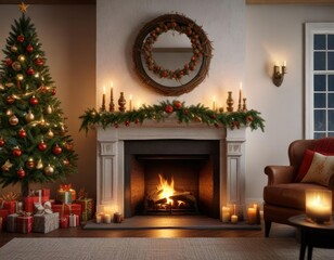 Festive holiday decorations around the crackling fireplace, flames, decorations