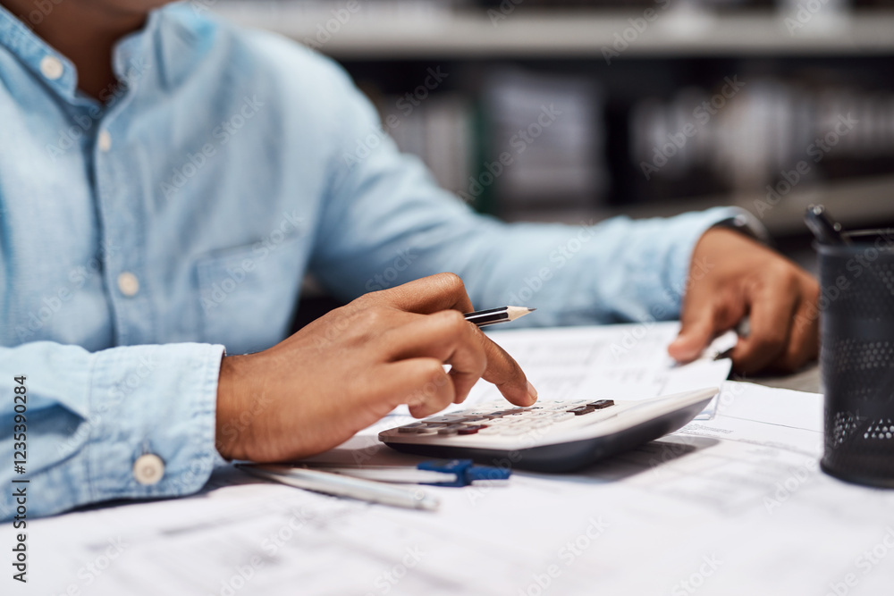 Poster hands, business man and architect with calculator for planning, measurement and construction project