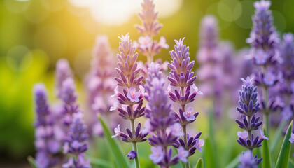 Fototapeta premium Lavender field in bloom under soft sunlight, relaxation and aromatherapy