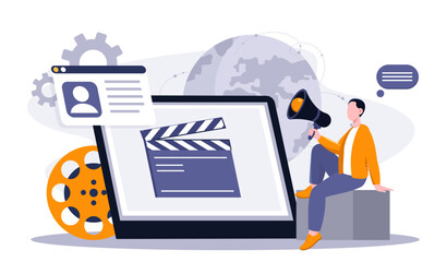 Film director online. Man with loudspeaker near tablet. Filmmaking and film industry. Movies and TV series production. Director and screenwriter. Flat vector illustration