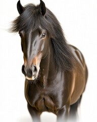 Obraz premium Majestic Black Horse with Glossy Coat and Flowing Mane Against Soft White Background
