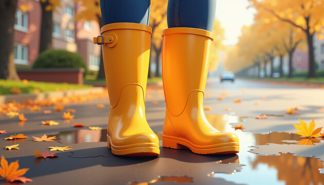 Yellow rain boots on wet pavement with autumn leaves, rainy day concept