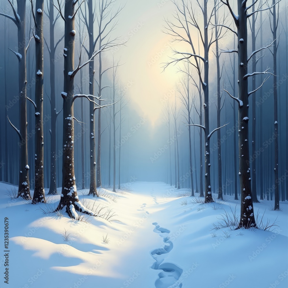 Poster A serene winter scene with snow-covered trees and a peaceful atmosphere