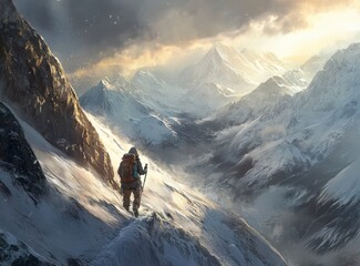 Majestic Mountain Landscape with Snowy Peaks and Adventurous Climber in Breathtaking Wilderness