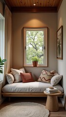 A cozy reading nook with a window view
